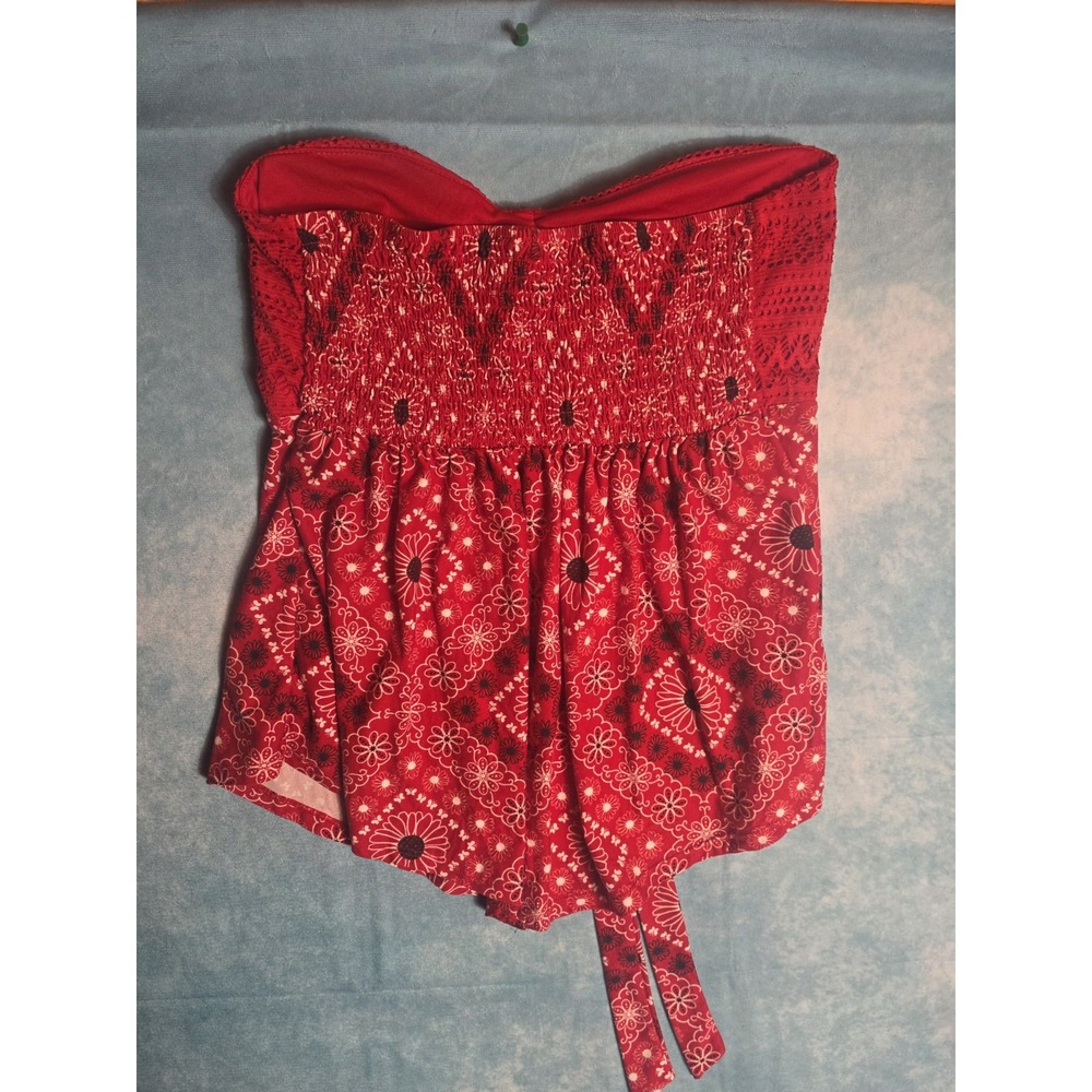 No Boundaries L Regular Strapless Smocked Red Floral Boho Romper Cotton